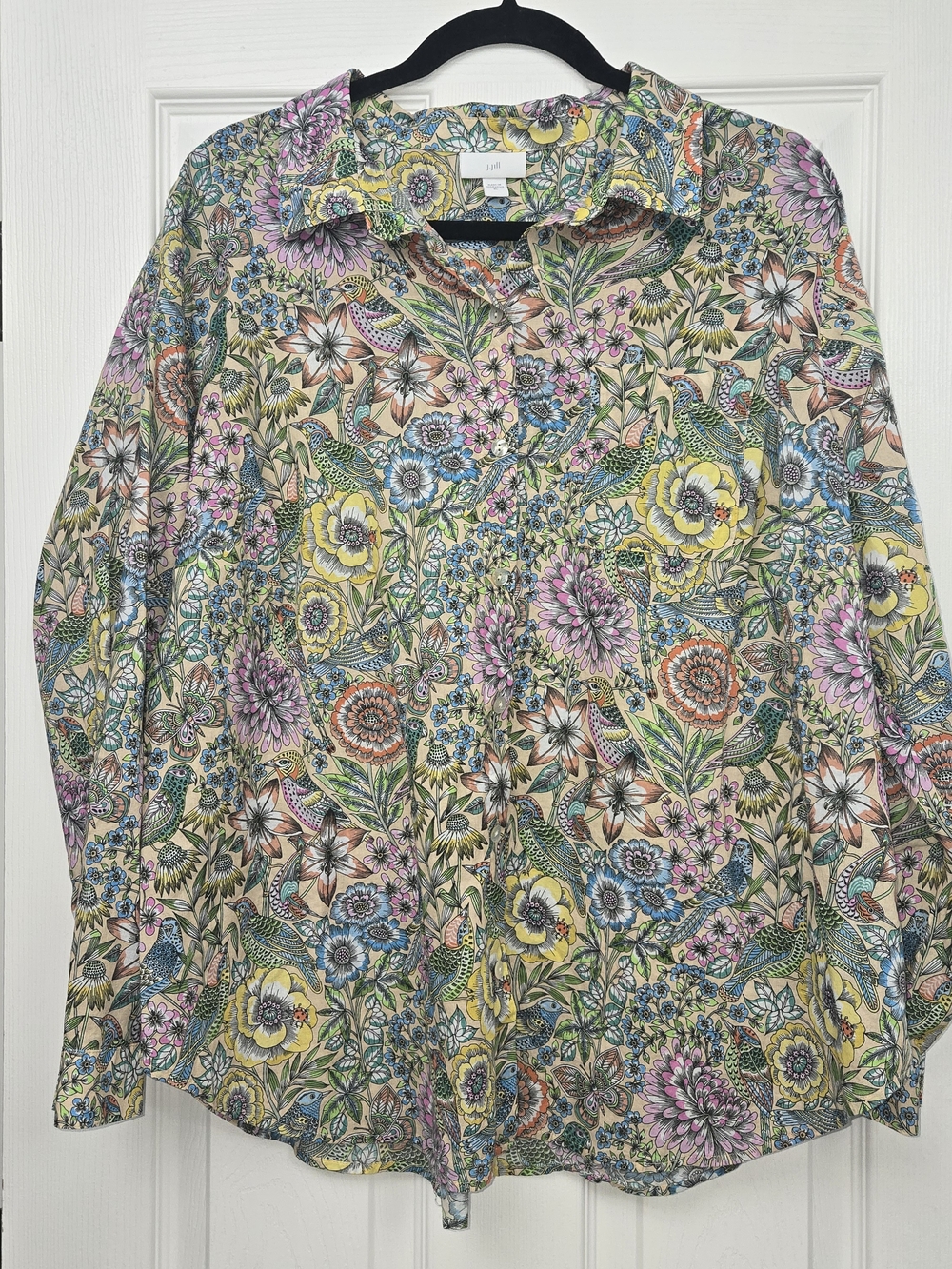 ​J. Jill Multi-Color Floral Bird Print Cotton Cottage Core Button Up Blouse XL